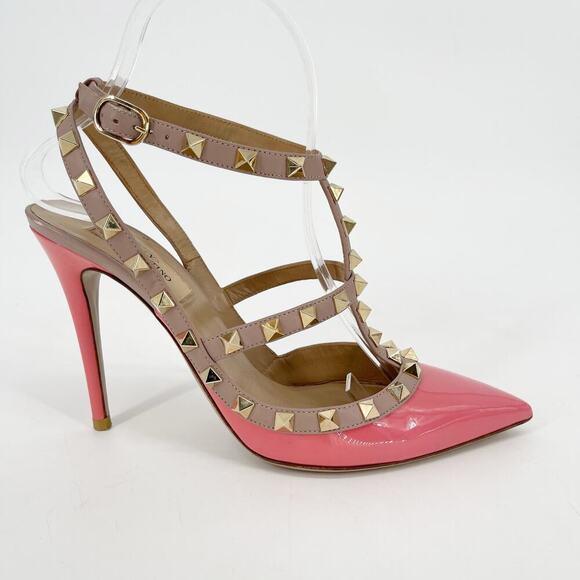 Valentino Garavani Rose Pink Patent Rockstud Ankle Strap Caged Pumps EU 38.5 - Picture 2 of 14